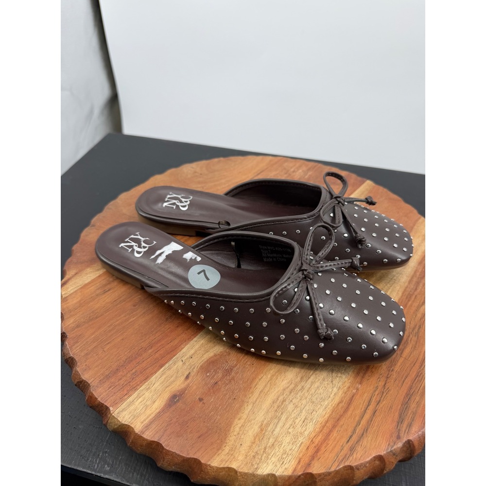 New York & Company LIA NYC-A25-113B Mules Womens 7 Brown Studded Bow Flat Shoes